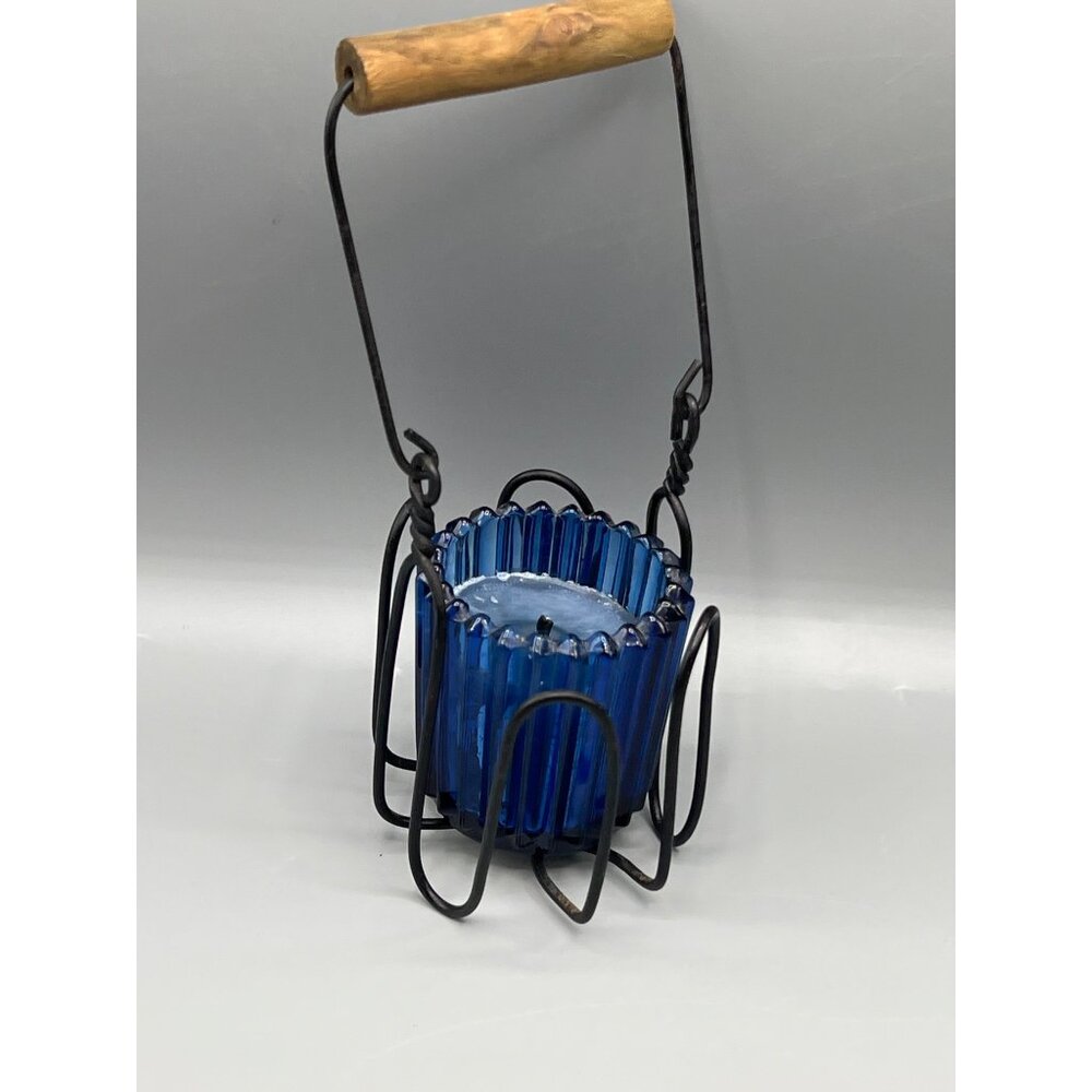 Cobalt Blue Glass Candle Holder With Iron Holder Wood Handle Primitive Look 4.5"
